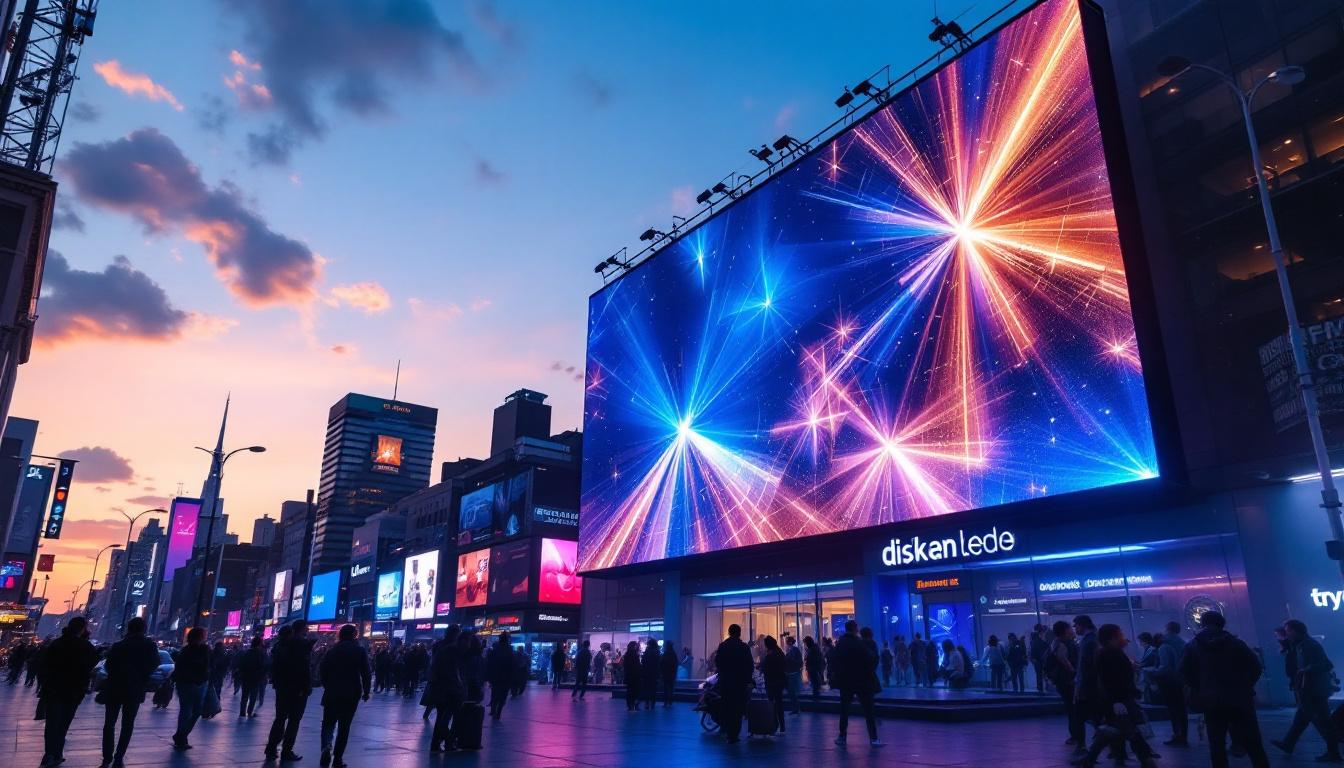 A photograph of a vibrant led display in a bustling urban setting