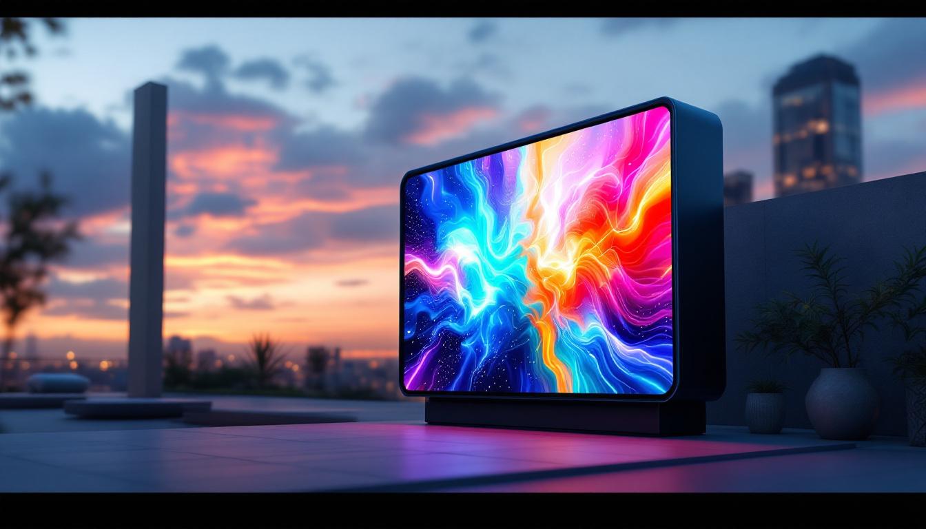 A photograph of a modern free-standing screen room featuring a vibrant led display