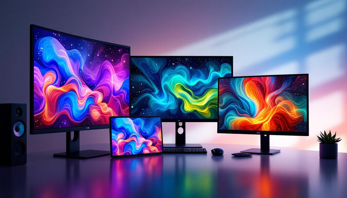 A photograph of a variety of lcd monitors in different sizes