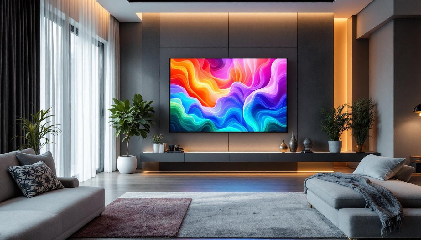 A photograph of a beautifully designed interior space featuring an led display integrated into the home decor