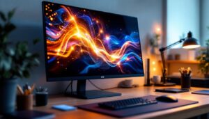 A photograph of a sleek 27-inch touch monitor displaying vibrant led graphics
