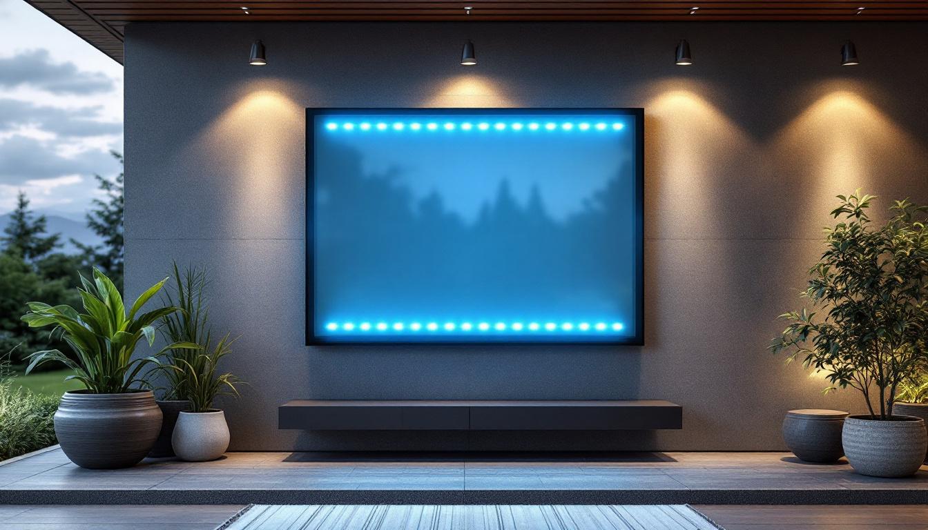 A photograph of a beautifully designed large weatherproof outdoor wall decor piece featuring an led display