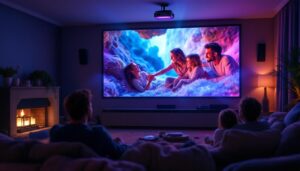 A photograph of a modern led video projector in action