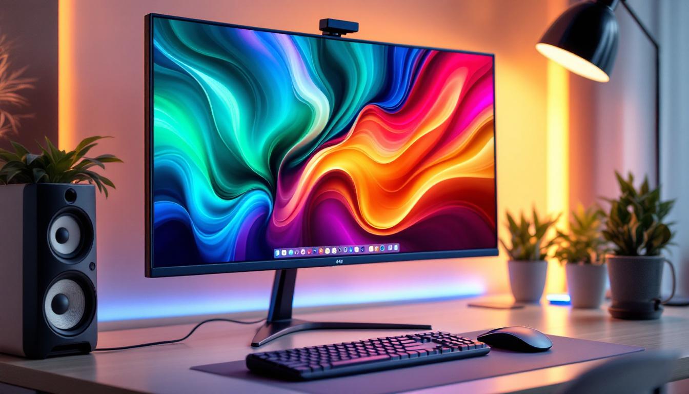 A photograph of a sleek desktop setup featuring a high-quality led monitor displaying vibrant colors