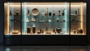 A photograph of a sleek glass display cabinet illuminated by soft led lights