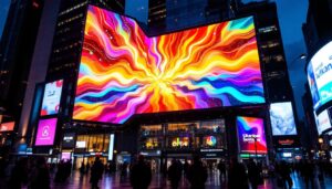 A photograph of a vibrant led display in a bustling urban environment at dusk