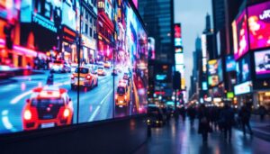 A photograph of a vibrant led display in a bustling urban environment
