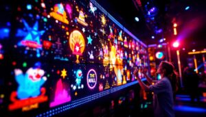 A photograph of a vibrant led display showcasing dynamic visuals and engaging graphics