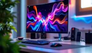 A photograph of a sleek desktop setup featuring an led monitor displaying vibrant colors and graphics