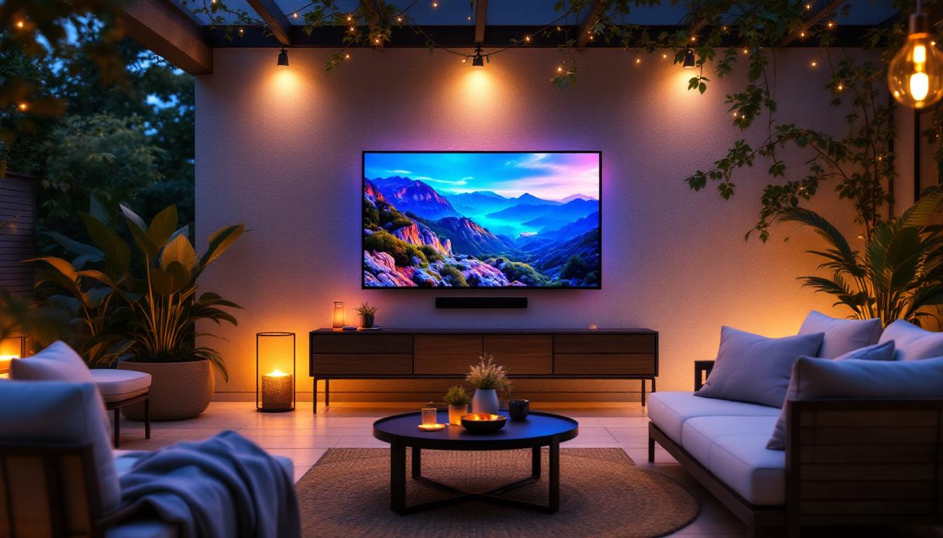 A photograph of a stylish outdoor living space featuring an led tv mounted on a wall