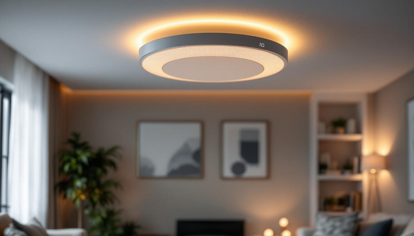A photograph of a stylishly designed ceiling mount speaker installed in a modern living room setting