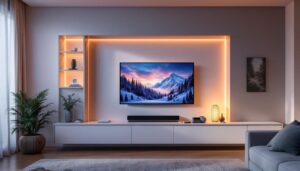 A photograph of a modern living room featuring a stylish wall unit designed for a tv