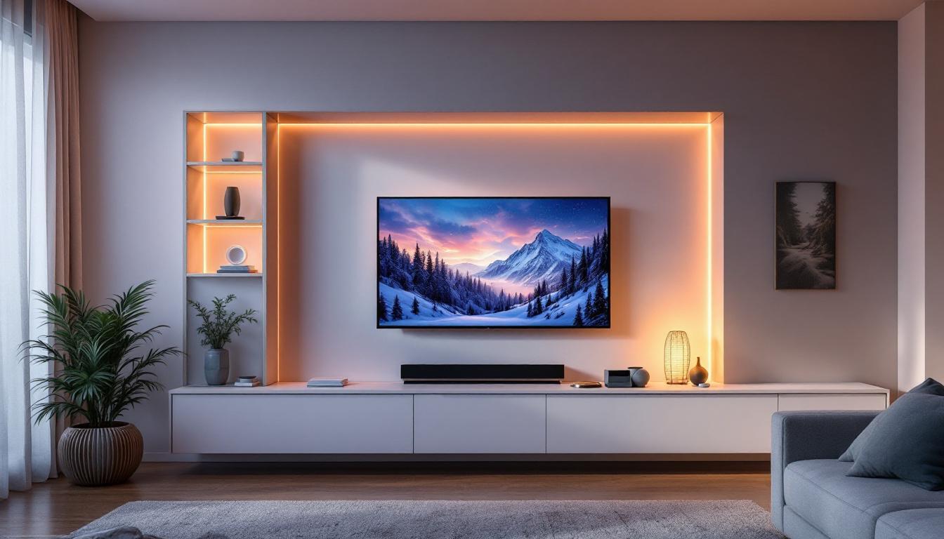 A photograph of a modern living room featuring a stylish wall unit designed for a tv