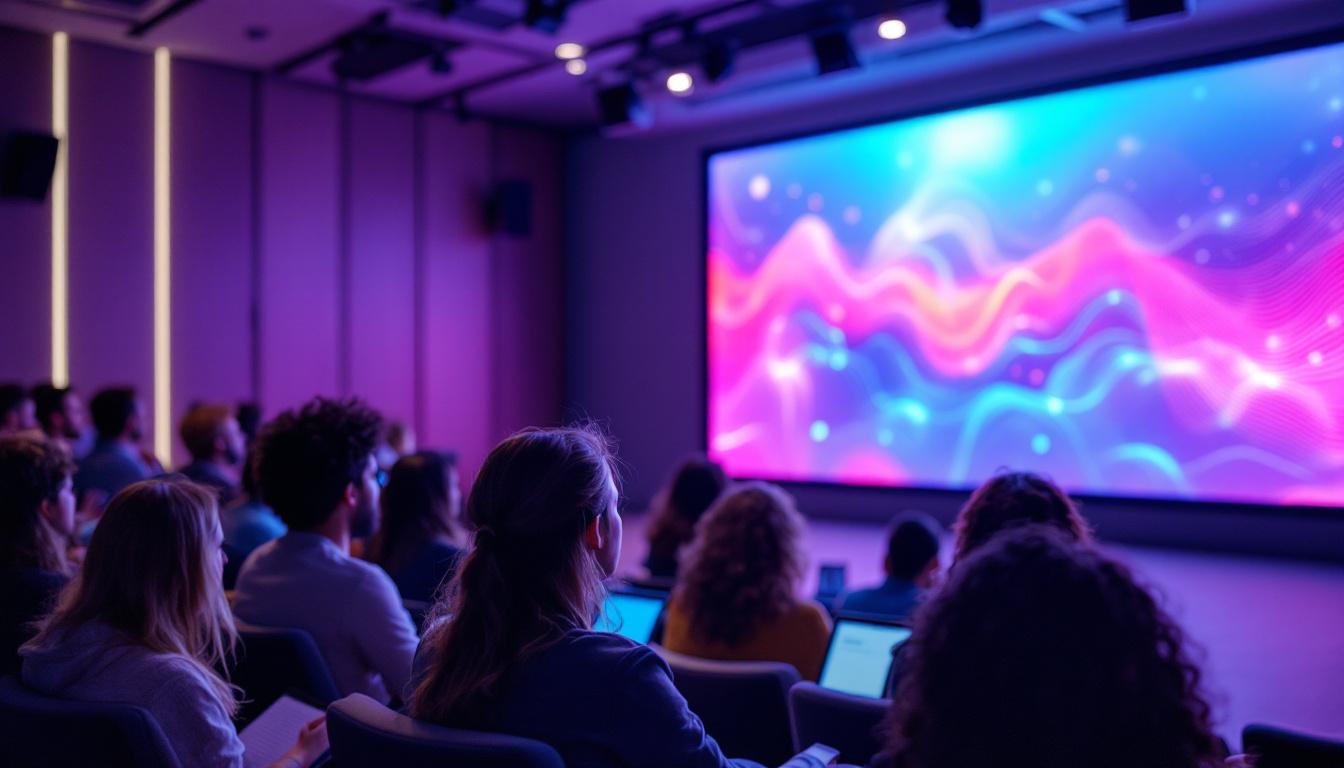 A photograph of capture a photograph of a modern classroom or auditorium featuring a vibrant led display in action