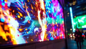 A photograph of a vibrant led display showcasing dynamic vertical video content in an urban setting