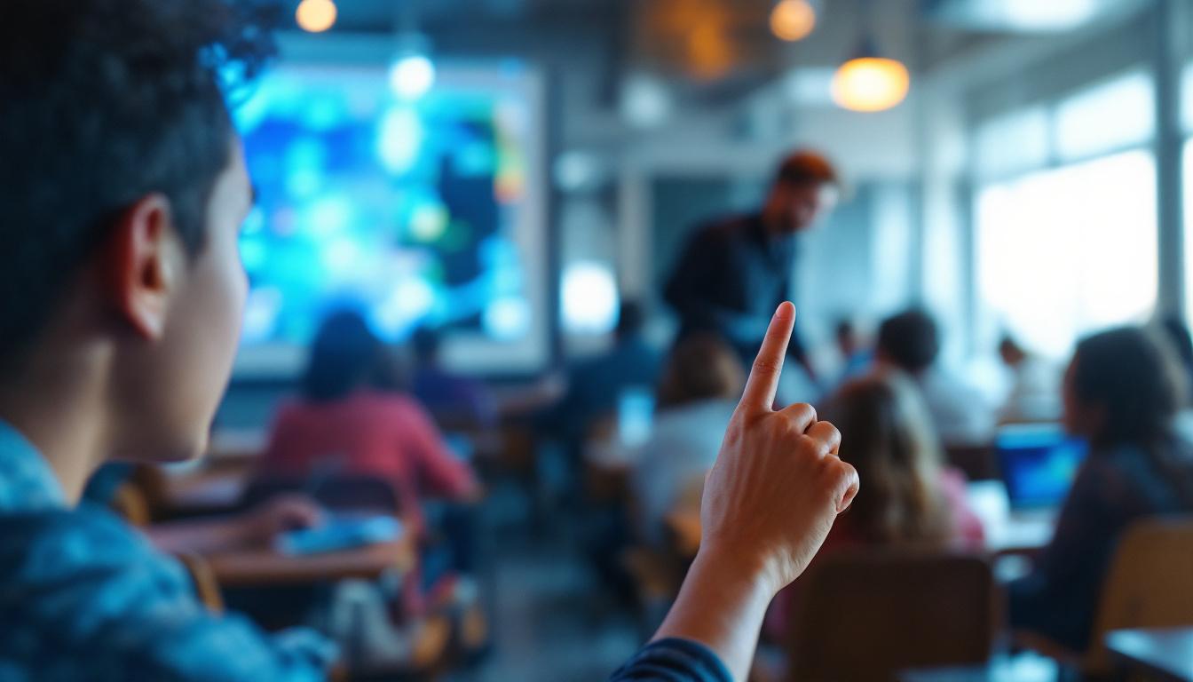 A photograph of a close-up of a student interacting with a vibrant 10-point touch screen led display in a classroom setting