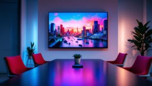 A photograph of a modern small conference room featuring a sleek led display in action