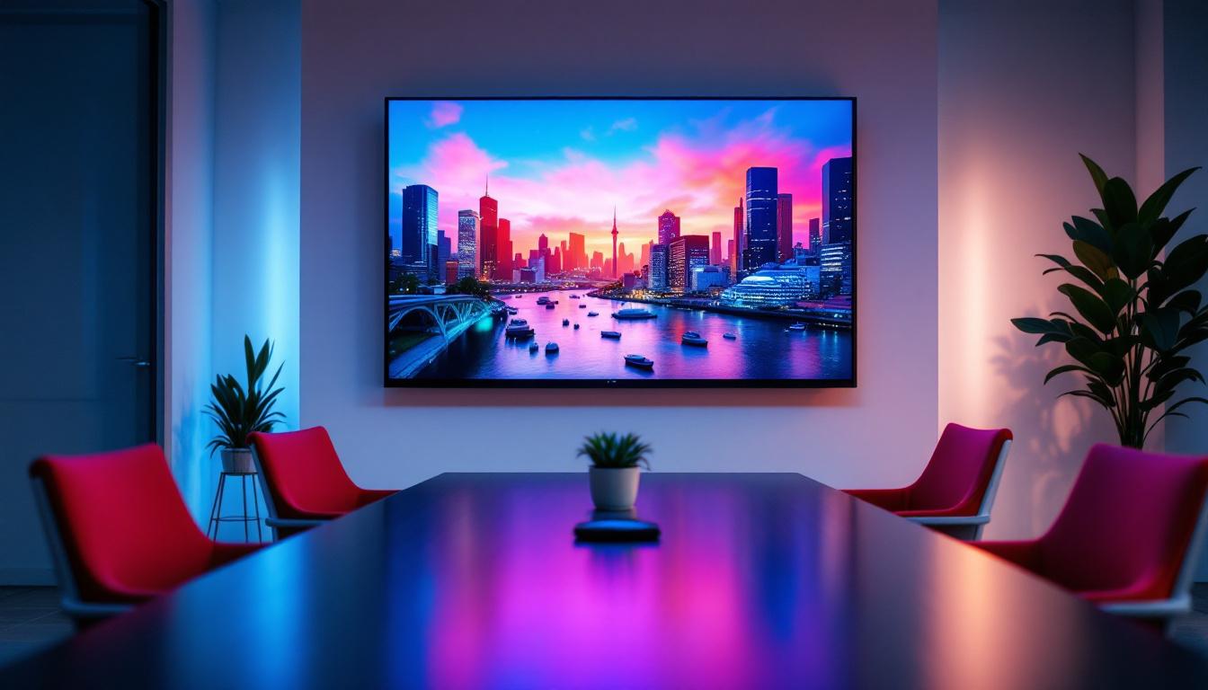 A photograph of a modern small conference room featuring a sleek led display in action