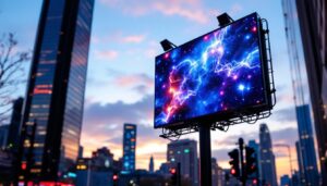 A photograph of a vibrant led matrix sign displaying dynamic graphics or text in an urban setting