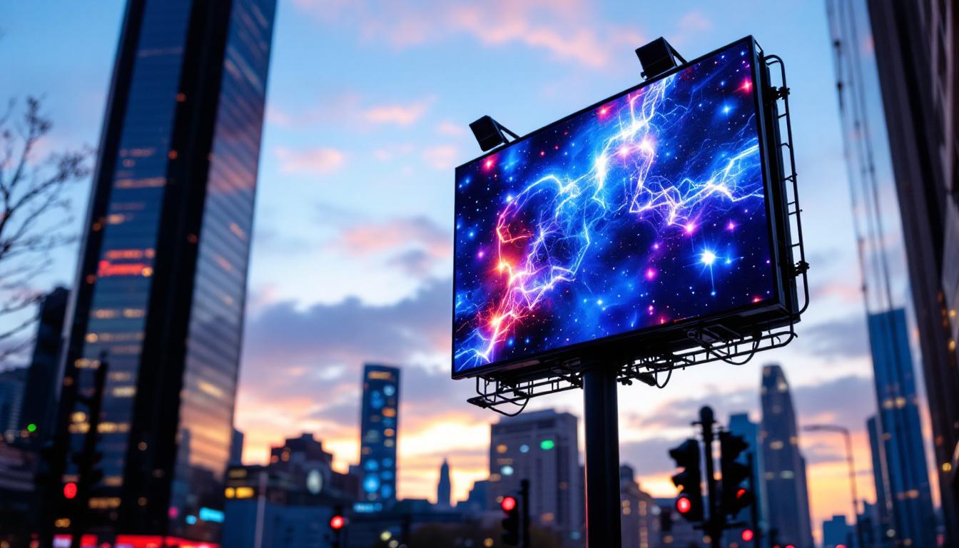 A photograph of a vibrant led matrix sign displaying dynamic graphics or text in an urban setting