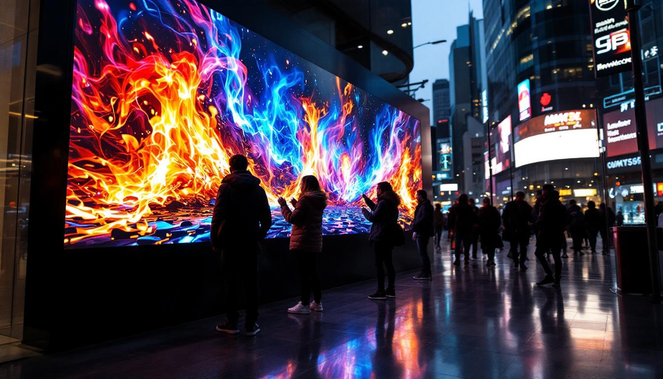A photograph of a vibrant led display in an urban setting