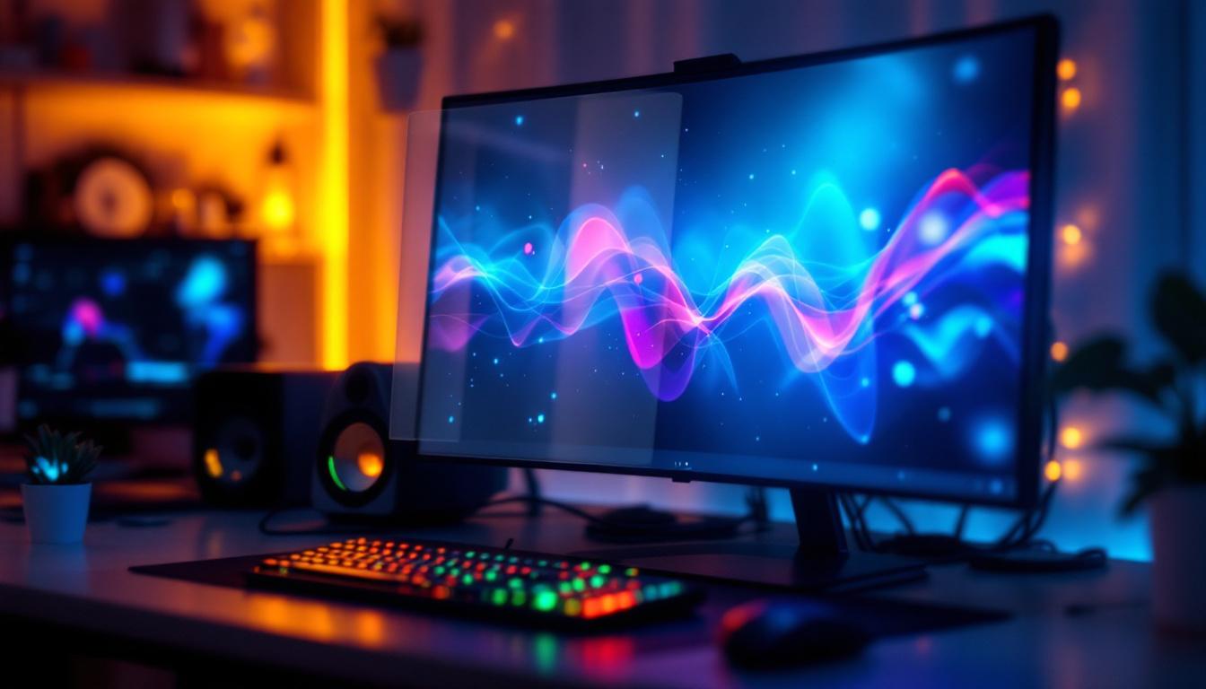 A photograph of a sleek monitor with an illuminated led display showcasing vibrant colors and clear visuals