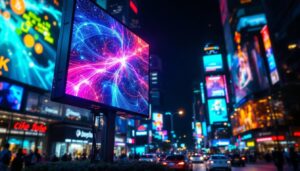 A photograph of a vibrant led display in a bustling urban setting at night