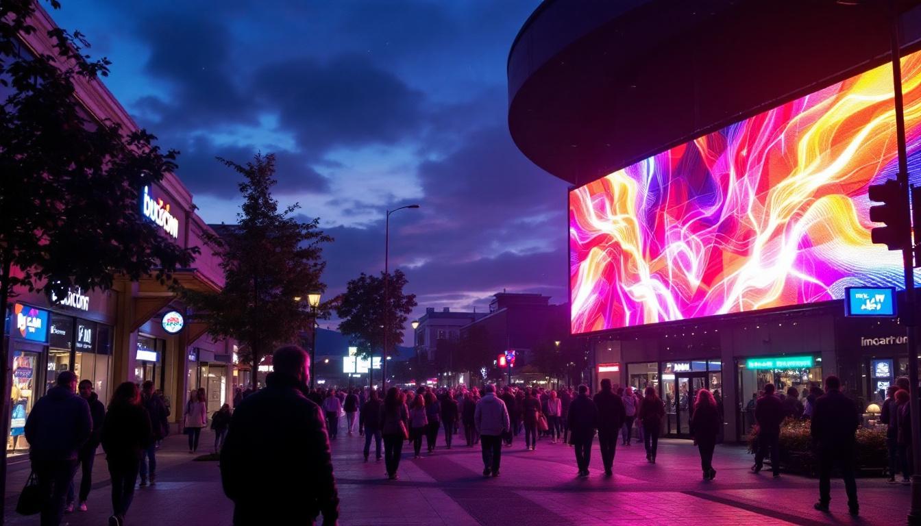 A photograph of capture a photograph of a vibrant led display in a bustling beaverton