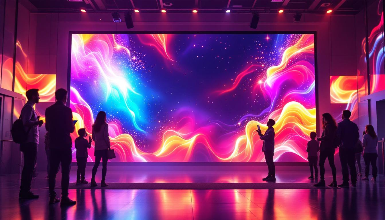 A photograph of a vibrant led display panel in a dynamic setting