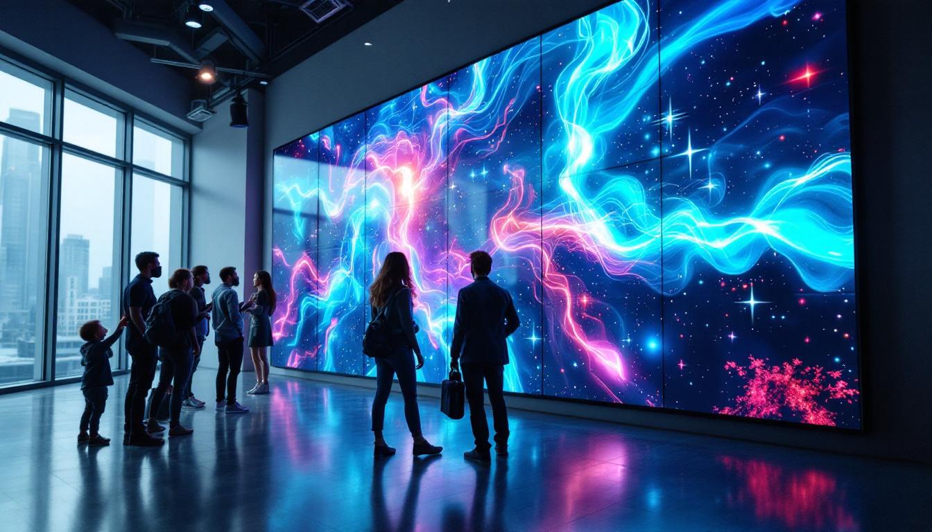 A photograph of a vibrant video wall displaying dynamic content