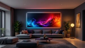 A photograph of a stylish living room featuring the touch of class led wall art as the focal point