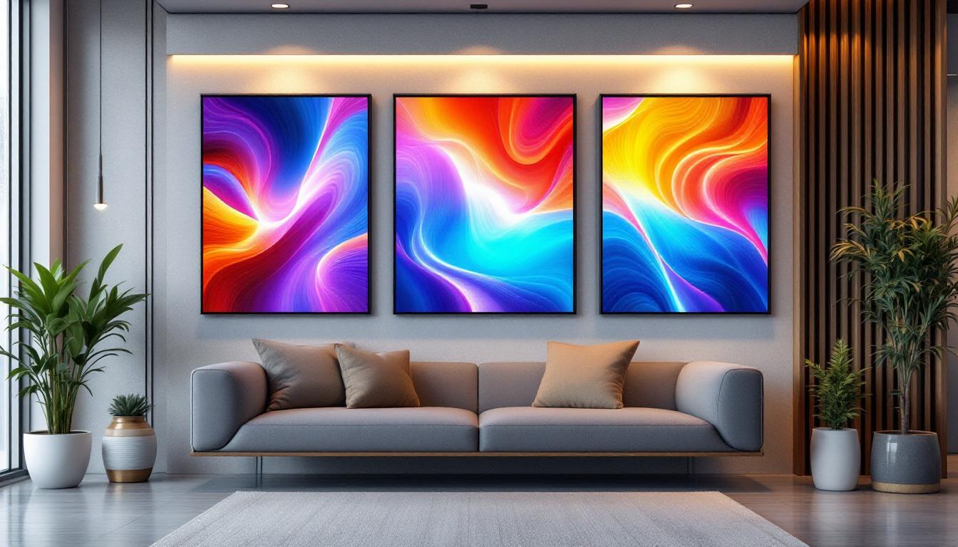 A photograph of a stylishly arranged three-panel wall art display featuring an led screen