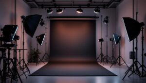 A photograph of a well-lit studio setup featuring various led backdrop lighting kits in action
