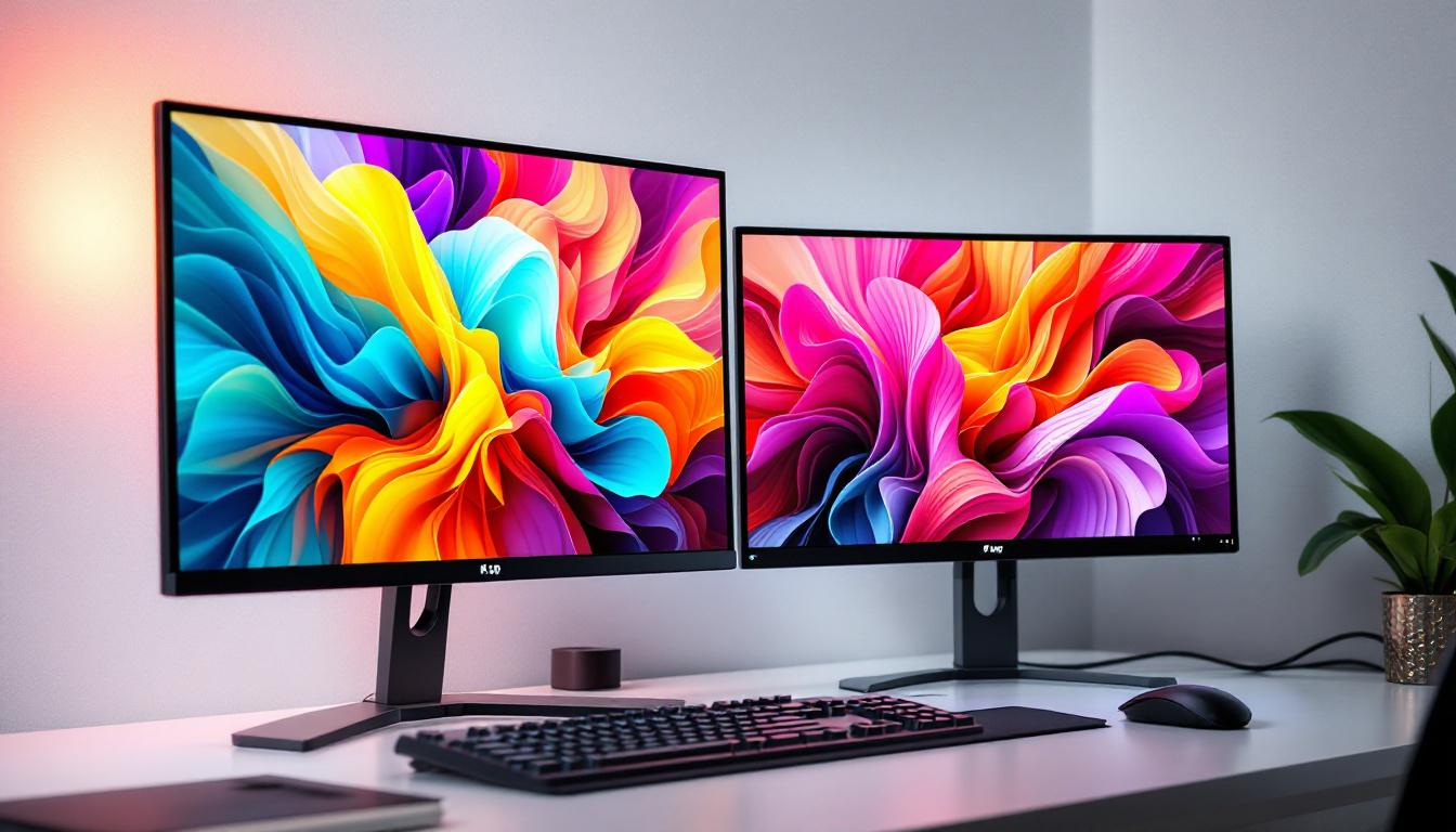 A photograph of a stylish workspace featuring two monitors side by side