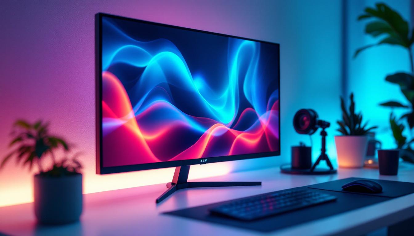A photograph of a sleek thin bezel monitor displaying vibrant led visuals