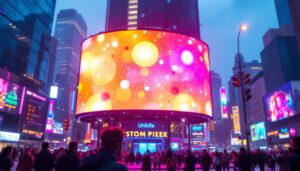 A photograph of a vibrant led display in an urban setting