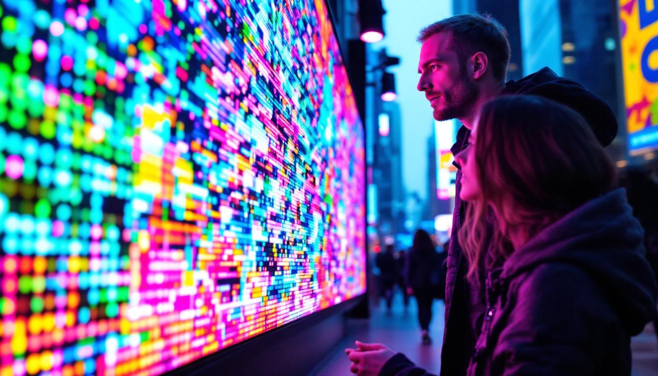 A photograph of a vibrant led display in a dynamic urban setting