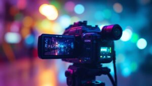 A photograph of capture a photograph of an inexpensive video camera prominently featuring its led display in use