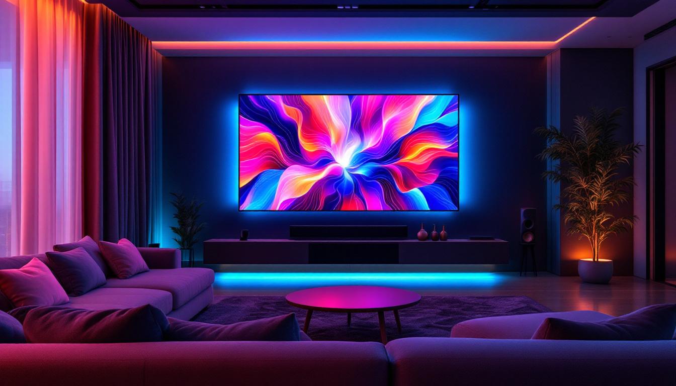 A photograph of a modern media room featuring vibrant led displays in action