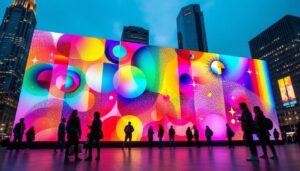 A photograph of a vibrant led display showcasing dynamic colors and patterns in an urban setting