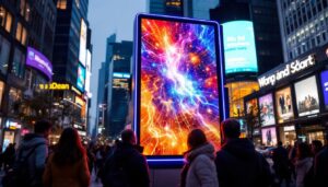 A photograph of a vibrant outdoor digital message board displaying dynamic led graphics in a bustling urban setting