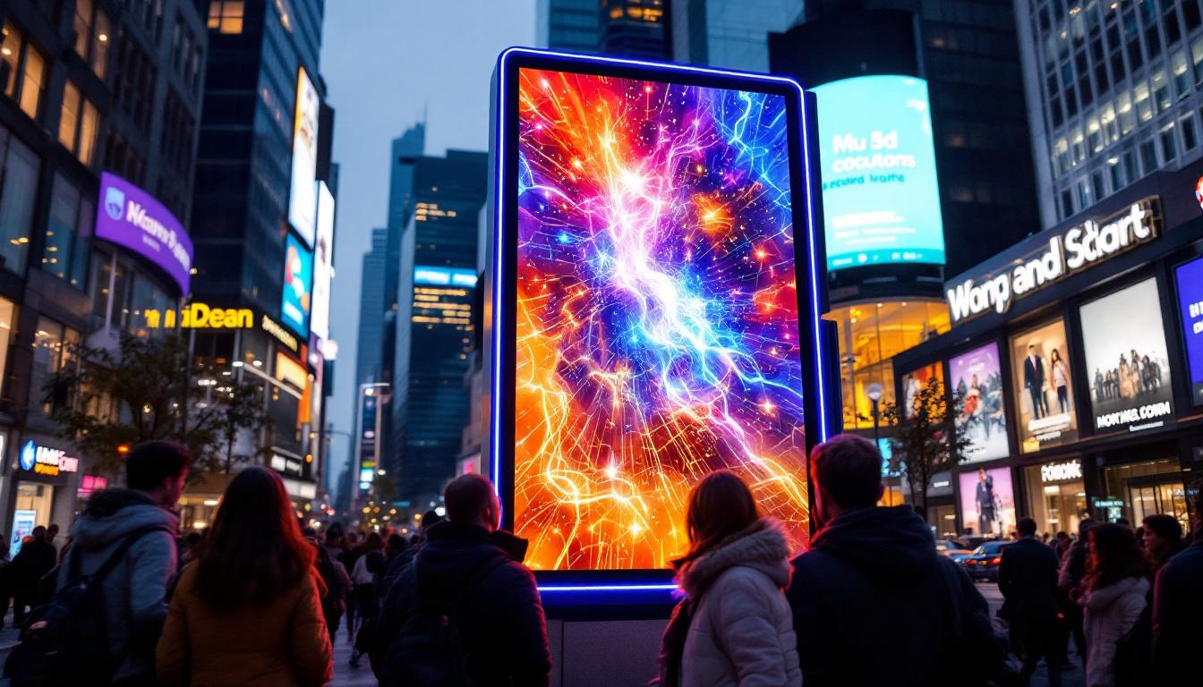 A photograph of a vibrant outdoor digital message board displaying dynamic led graphics in a bustling urban setting