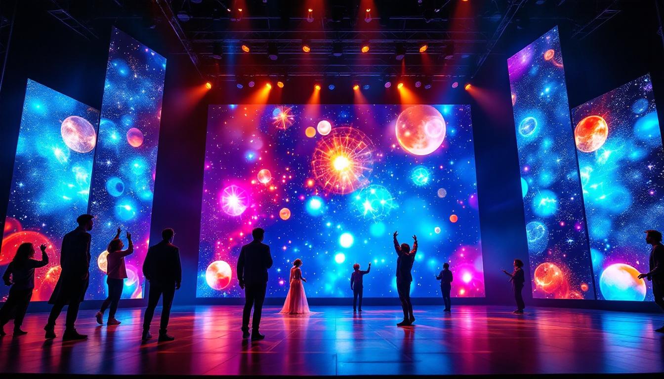 A photograph of a vibrant theater stage featuring a large led backdrop in action