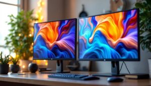 A photograph of a side-by-side comparison of an led monitor and an lcd monitor
