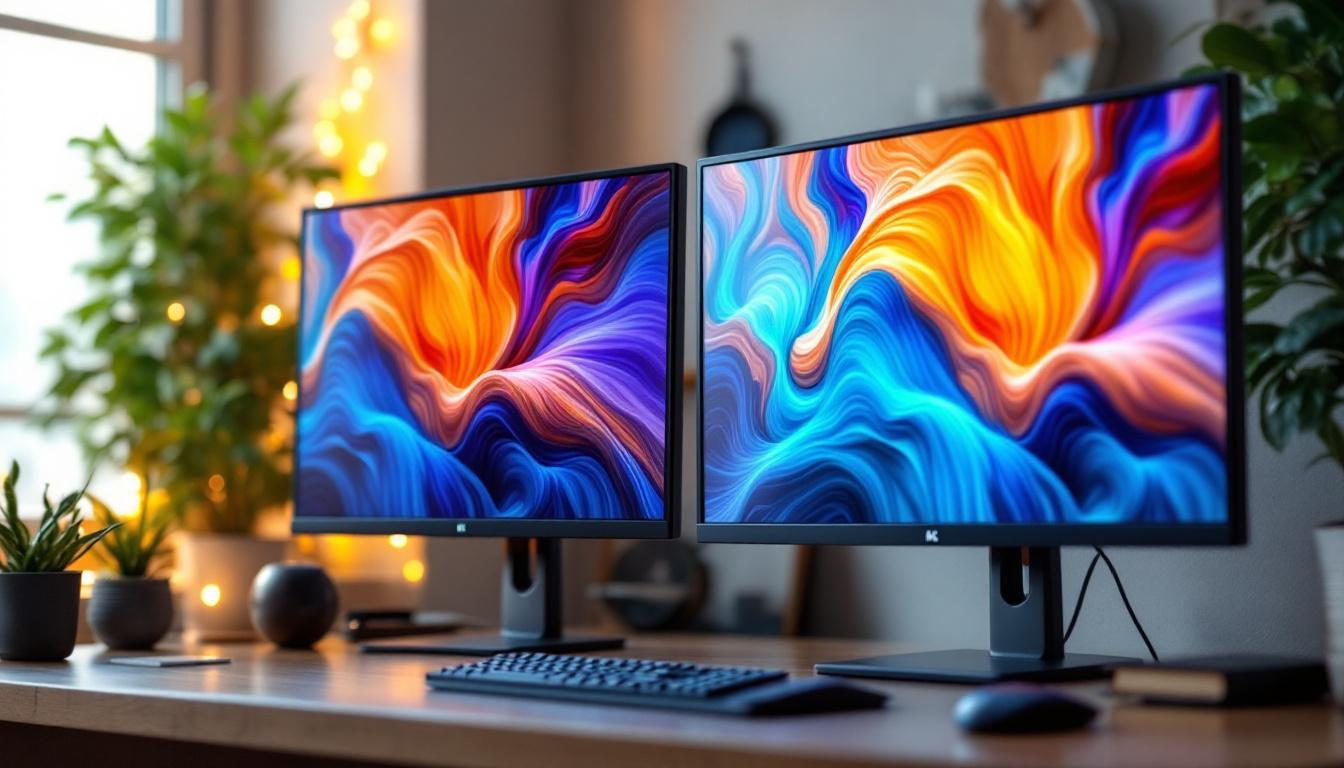 A photograph of a side-by-side comparison of an led monitor and an lcd monitor