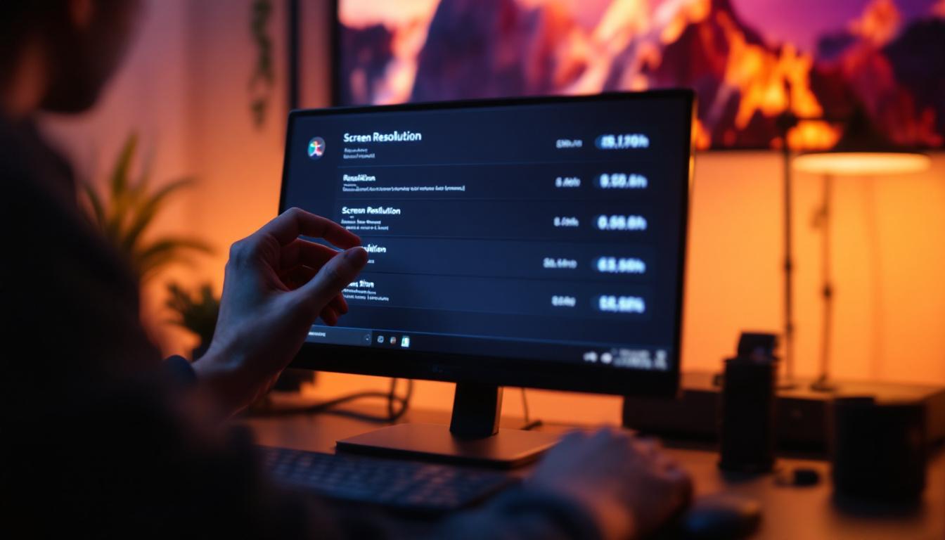 A photograph of a person adjusting the screen resolution settings on a computer