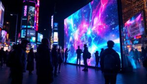 A photograph of a vibrant and engaging led display in a bustling urban environment