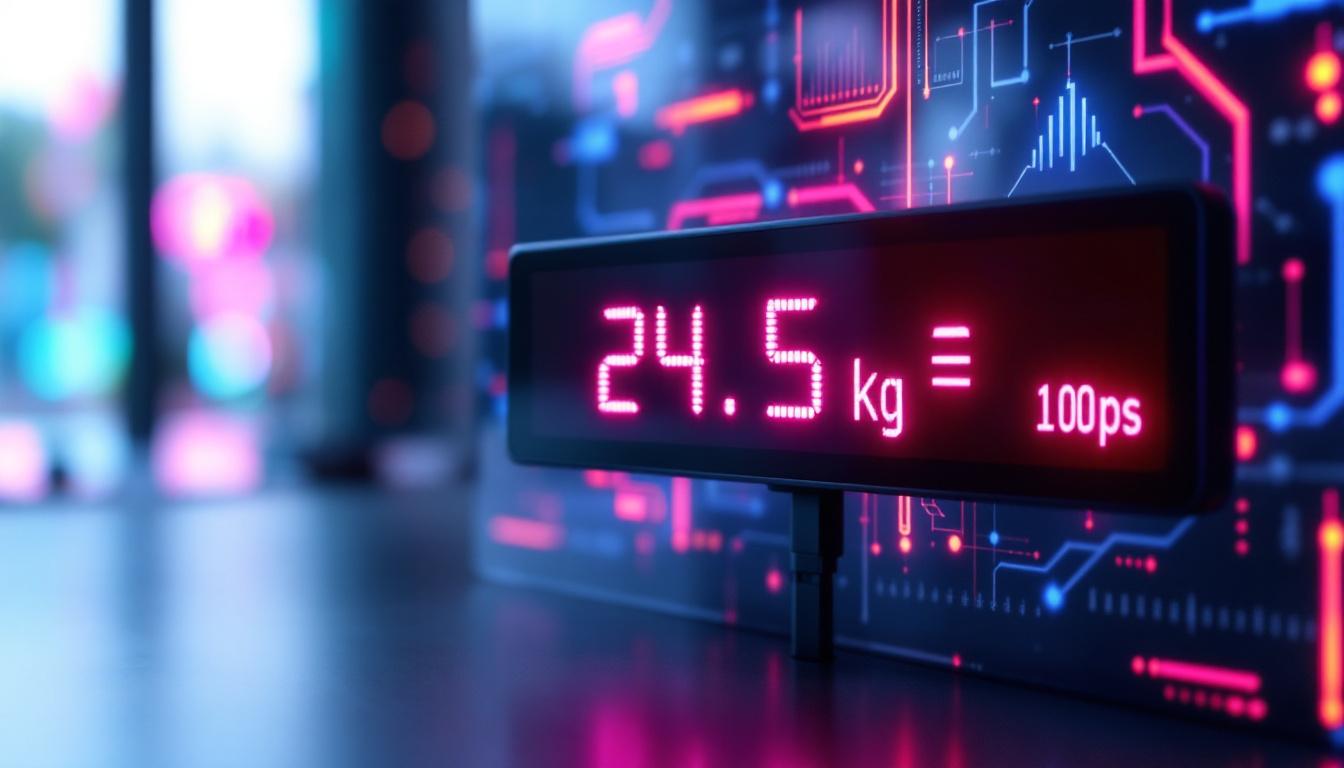 A photograph of a sleek led display screen showcasing the conversion of 24.5 kilograms to pounds