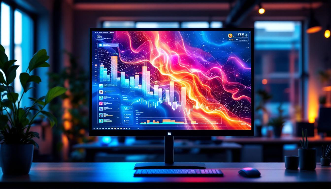 A photograph of a tall led computer monitor displaying vibrant graphics or data