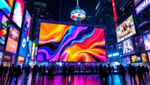 A photograph of a vibrant led display in a dynamic urban setting